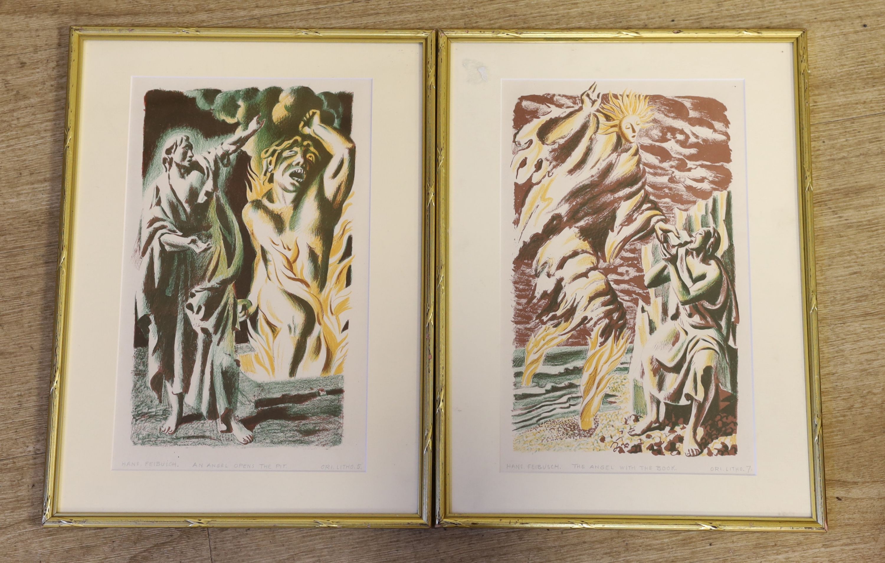 Hans Feibusch (1898-1998), two colour lithographs, 'An Angel opens the pit' and 'The Angel with the book, 35 x 21cm